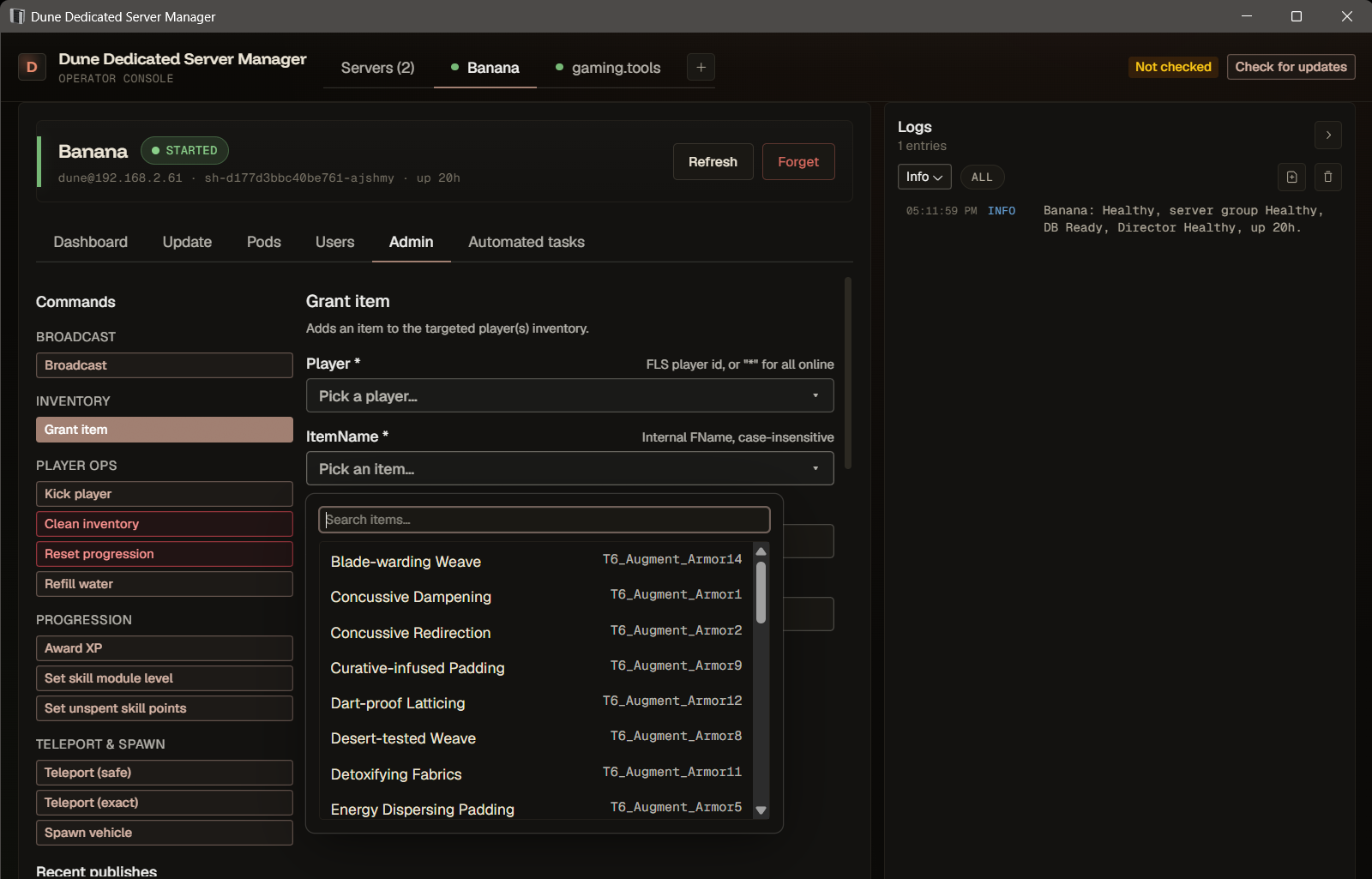 Admin tab — granting items to online players with a searchable Funcom item picker