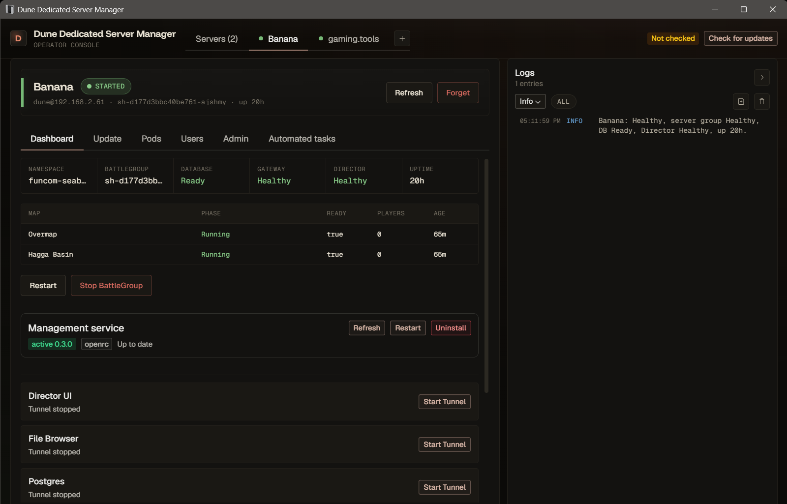 Dashboard — BattleGroup status, lifecycle actions, management service, and tunnel controls